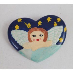 Angel On Cloud In The Starry Night Sky Hand Painted Heart Broach Lapel Hat Pin